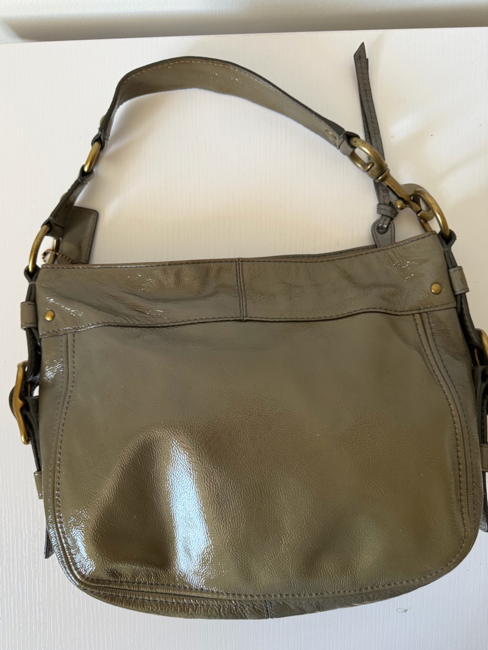 Coach Zoe Patent Leather Hobo Shoulder Bag Olive- Grey 12735 - Picture 9 of 12